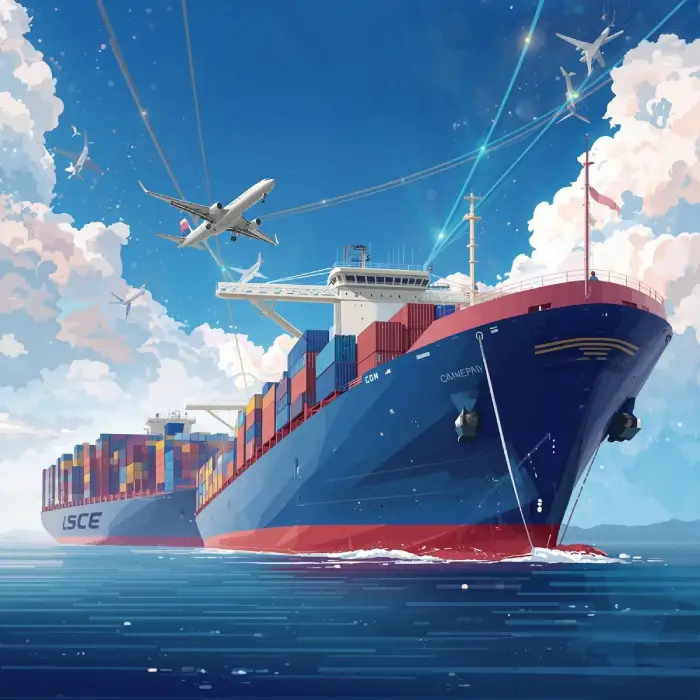 Vaixell de transport de mercaderies sobre la mar i avions al cel. Comerç internacionnal
