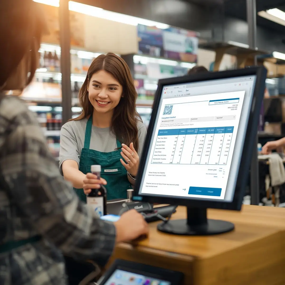 Jove somrient al mostrador d'un supermercat amb monitor TPV