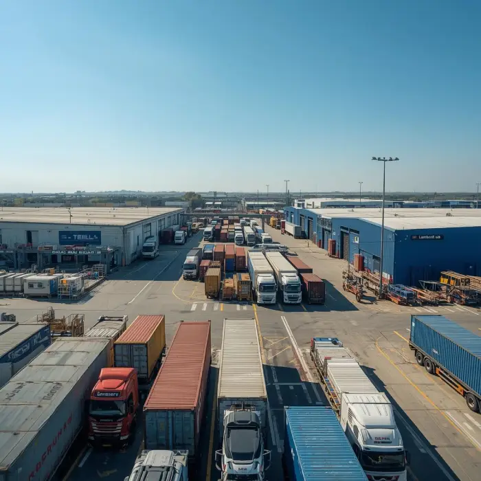Camions de mercaderies al costat del magatzem a un polígon